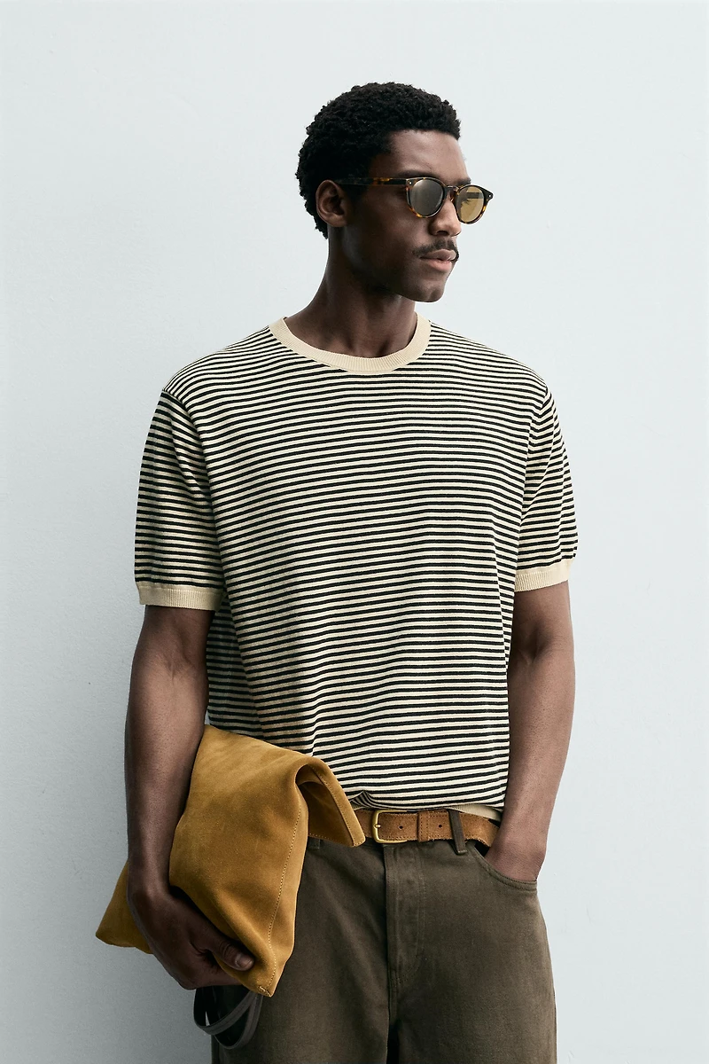T-SHIRT EN POINT DE COTON ET LIN À RAYURES