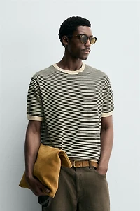 T-SHIRT EN POINT DE COTON ET LIN À RAYURES