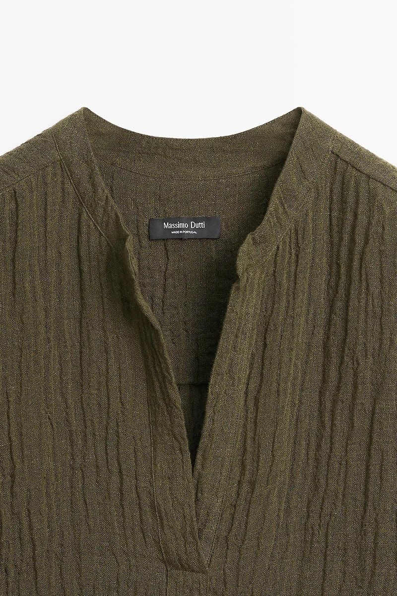 Linen blend waffle-knit shirt dress