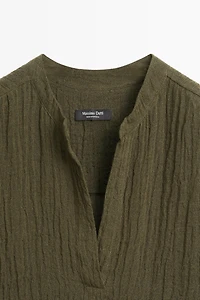 Linen blend waffle-knit shirt dress