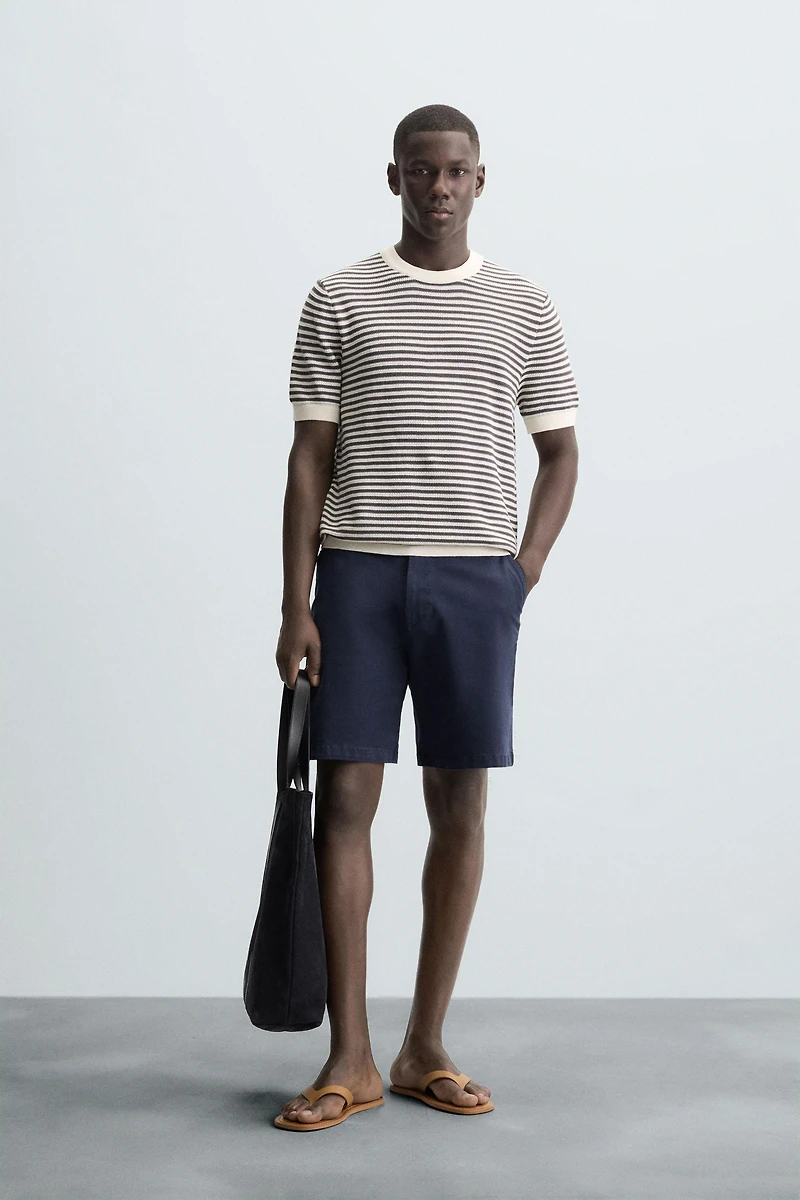 STRIPED OPEN KNIT T-SHIRT
