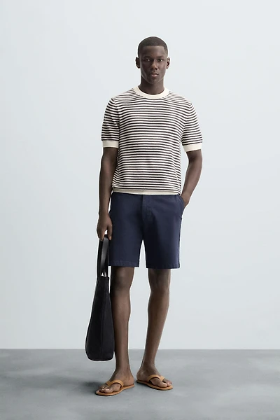 STRIPED OPEN KNIT T-SHIRT