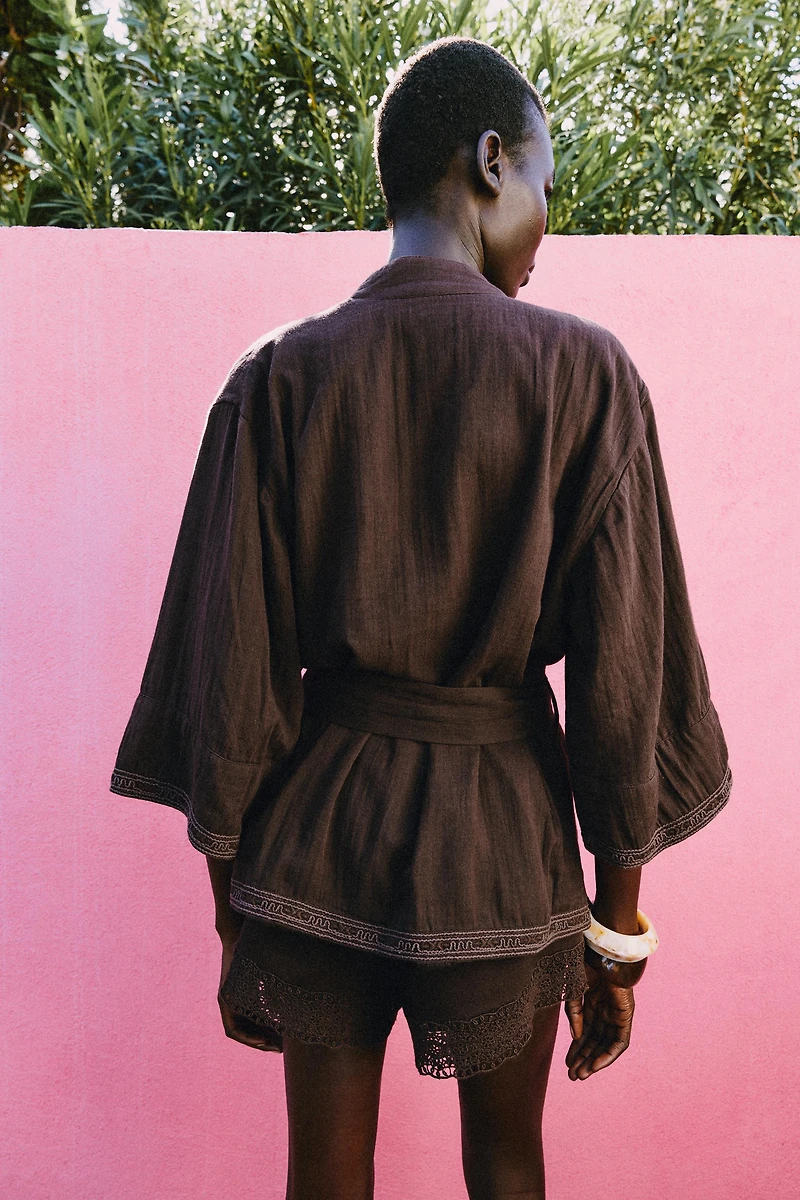 EMBROIDERED BELTED KIMONO JACKET