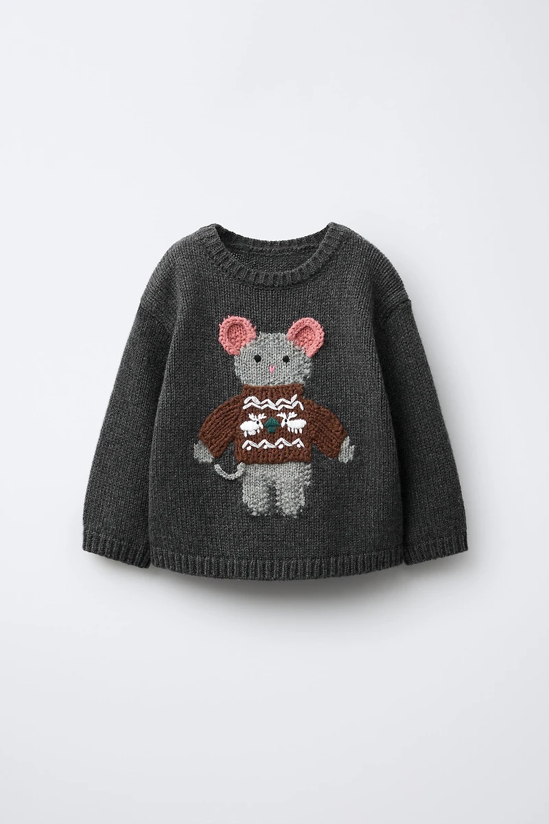 1-6 ANS/ PULL EN MAILLE AVEC LAINE BRODÉ LAPIN