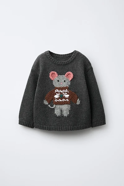 1-6 ANS/ PULL EN MAILLE AVEC LAINE BRODÉ LAPIN