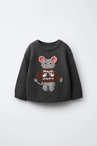1-6 ANS/ PULL EN MAILLE AVEC LAINE BRODÉ LAPIN