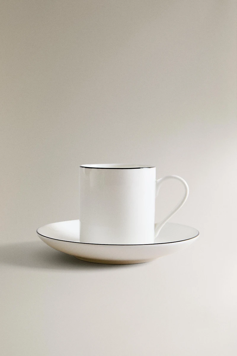 BONE CHINA COFFEE CUP AND SAUCER WITH BLACK RIM