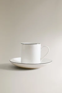 BONE CHINA COFFEE CUP AND SAUCER WITH BLACK RIM