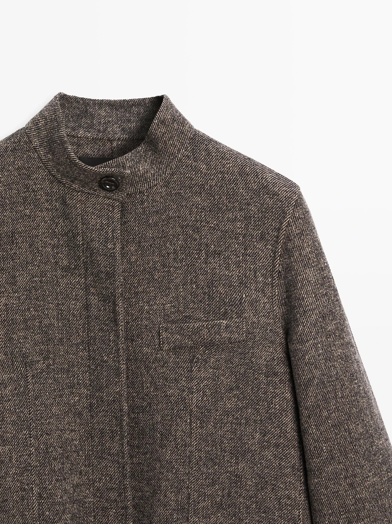 Manteau sergé à col montant en laine mélangée