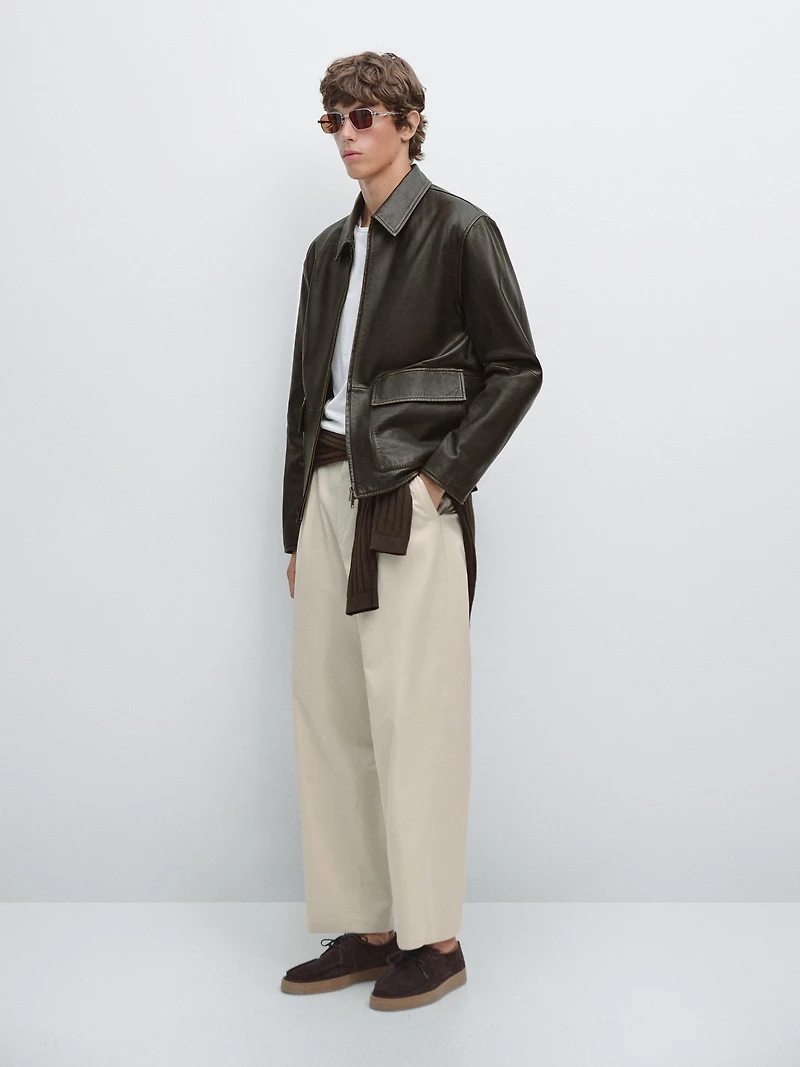 Distressed effect short nappa leather jacket