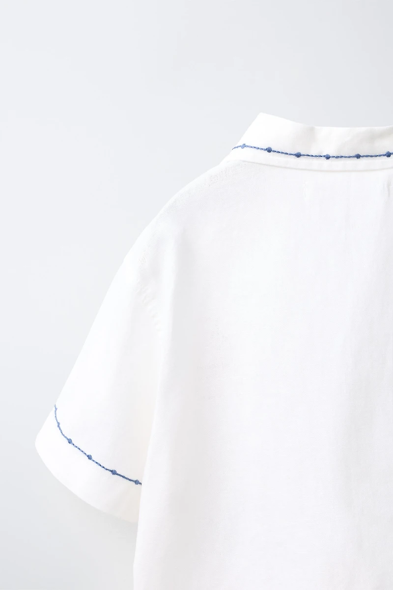 COTTON AND LINEN CONTRAST EMBROIDERY SHIRT