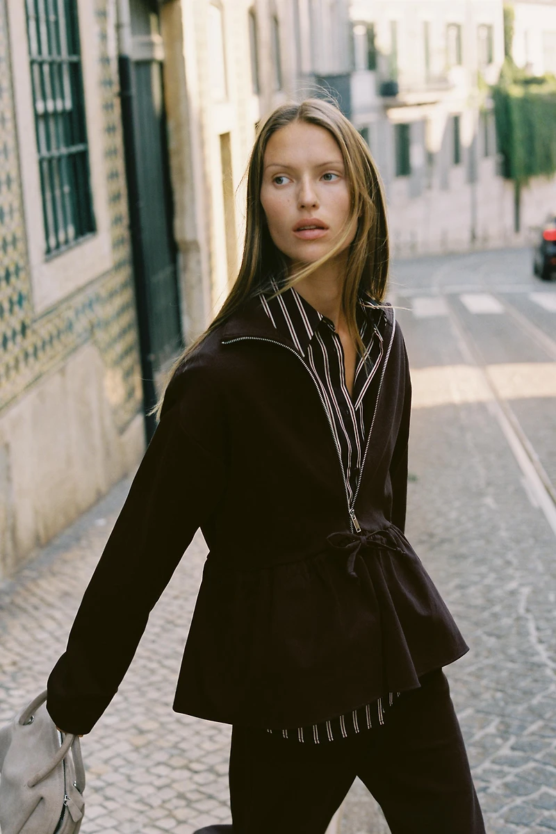 CONTRASTING PEPLUM BOMBER JACKET