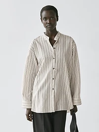 Striped flowing shirt with stand collar
