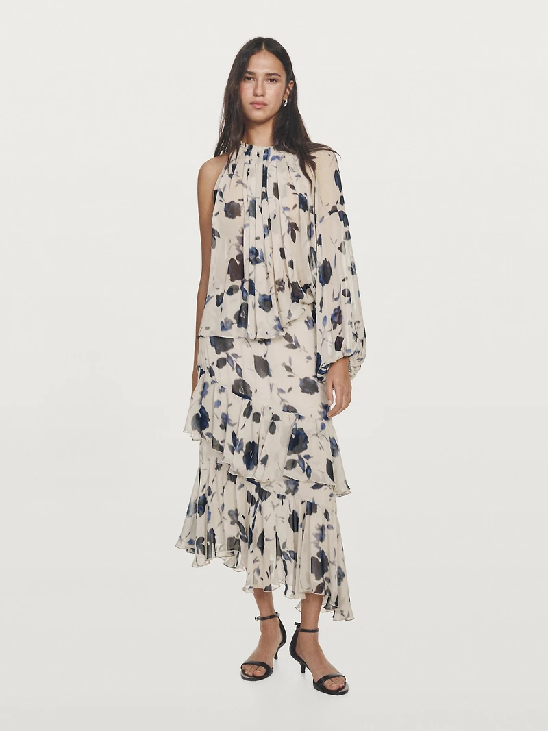 Asymmetric flowing floral print blouse