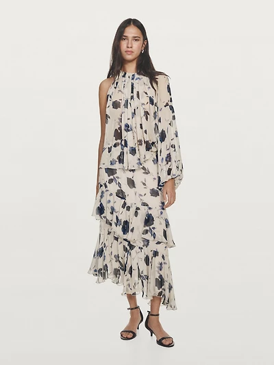 Asymmetric flowing floral print blouse