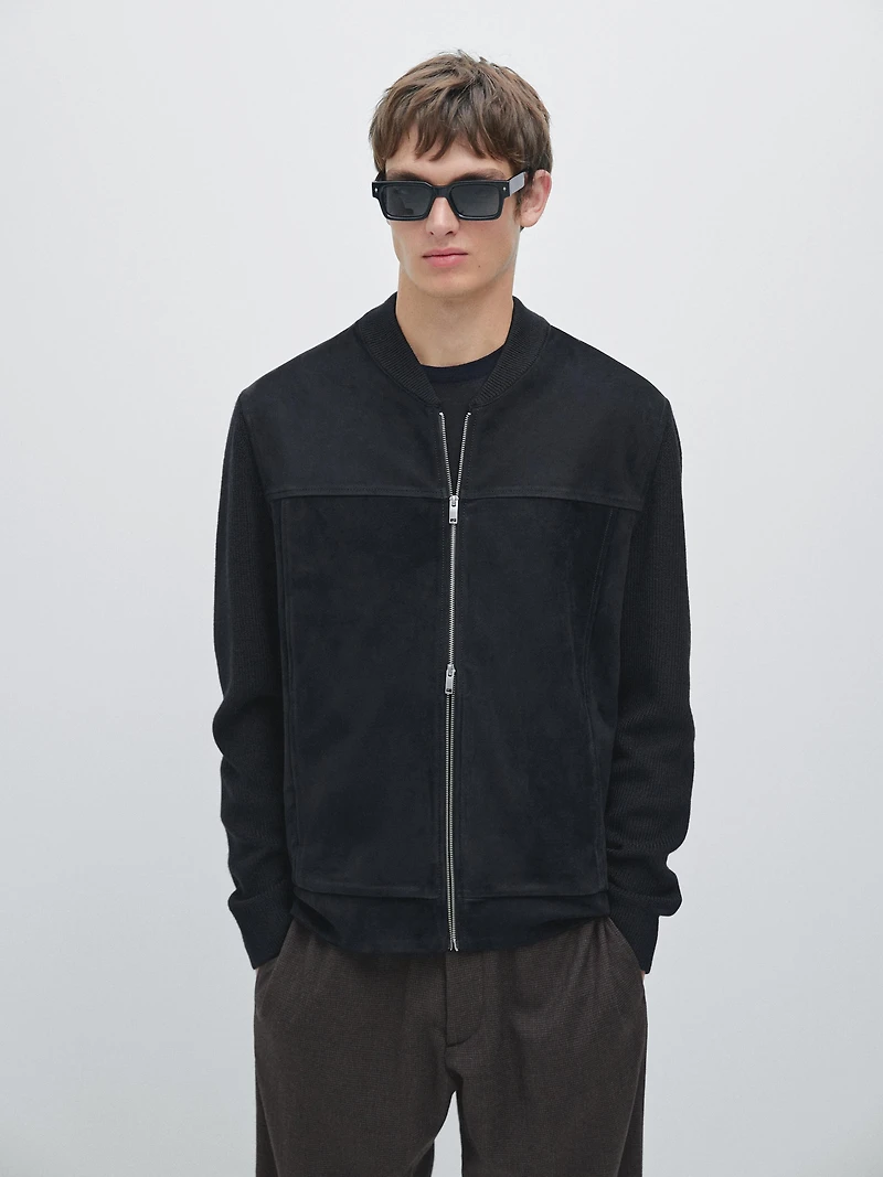 Wool and suede leather blend bomber jacket