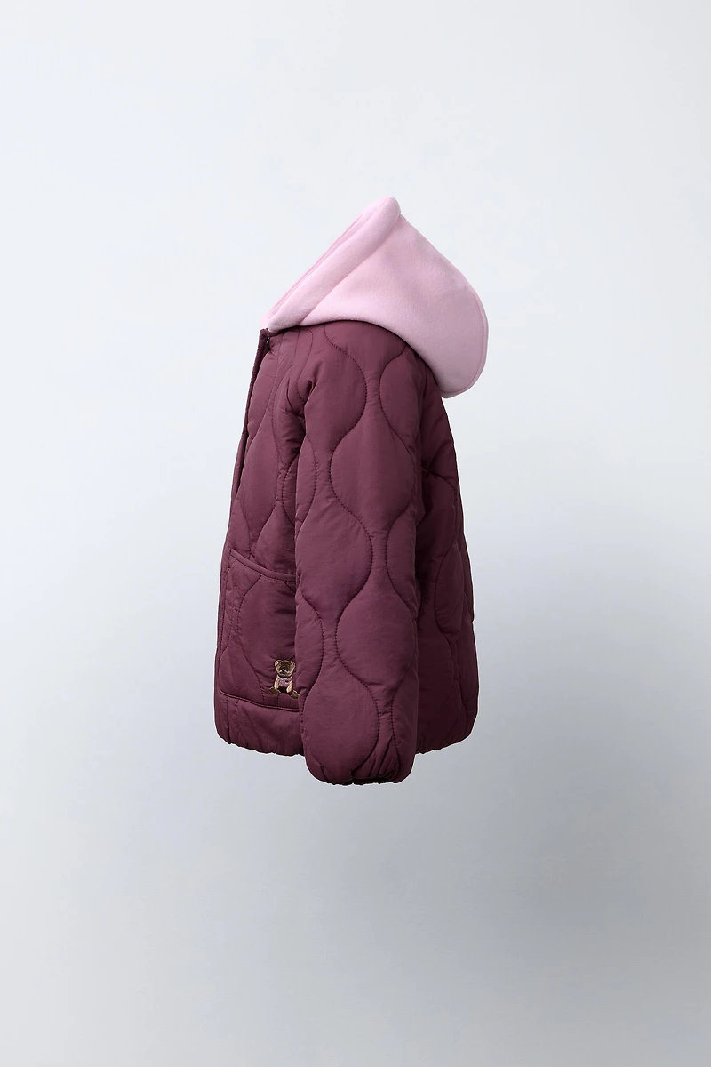 EMBROIDERED BEAR HOODED PUFFER JACKET