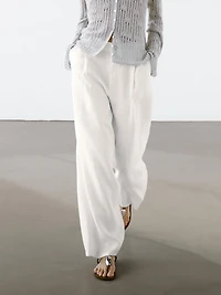 100% linen wide-leg mid-rise trousers