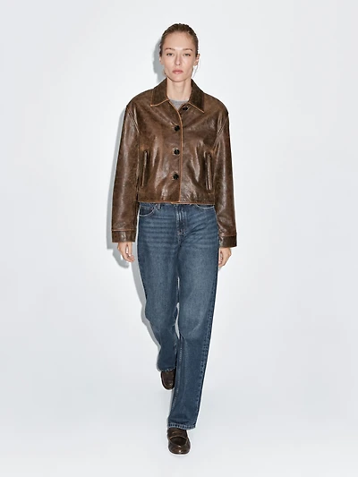 Distressed effect nappa leather cropped jacket