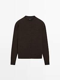 Mock turtleneck cardigan with covered buttons