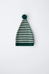 6-12 MOIS/ BONNET EN MAILLE RAYÉ À POMPON AVEC LAINE
