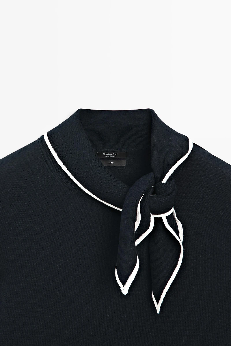 100% cotton knit sweater with scarf detail