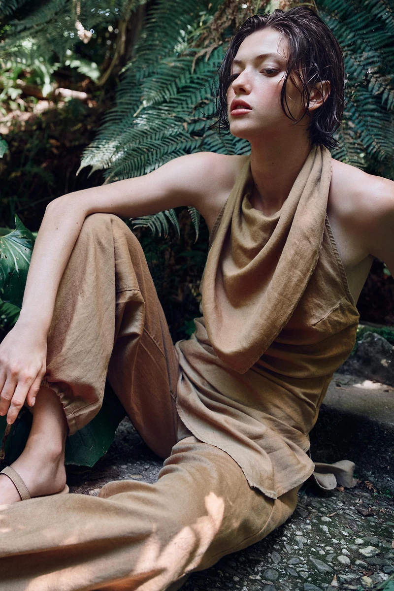 LINEN DRAWSTRING WIDE LEG PANTS
