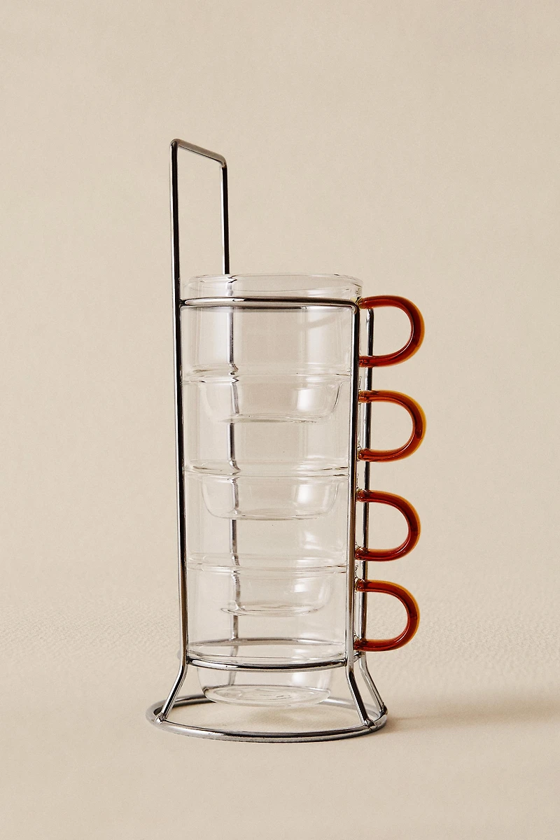 BOROSILICATE GLASS MUG TOWER WITH COLORED HANDLE (SET OF 4)