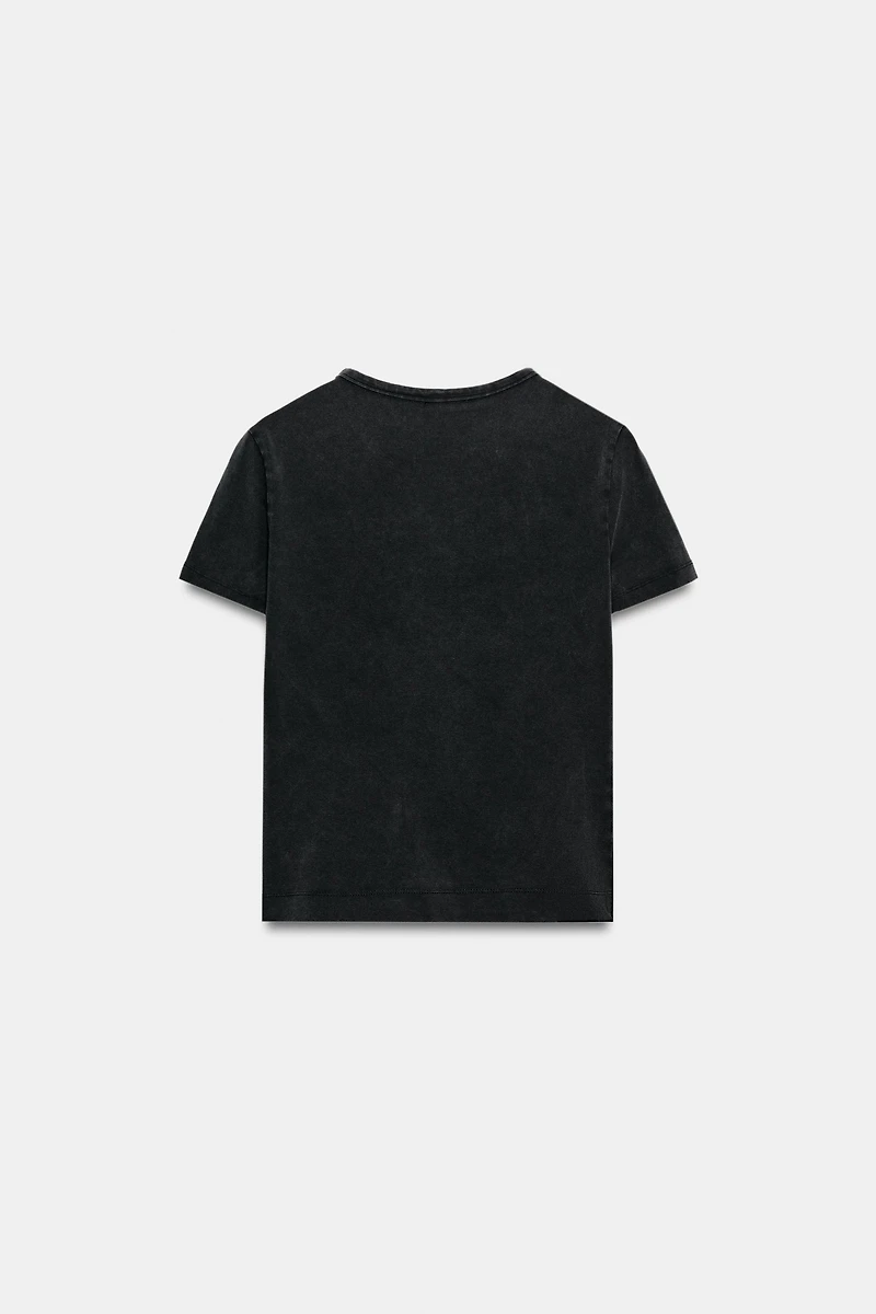 WASHED EFFECT SPARKLY TEXT T-SHIRT