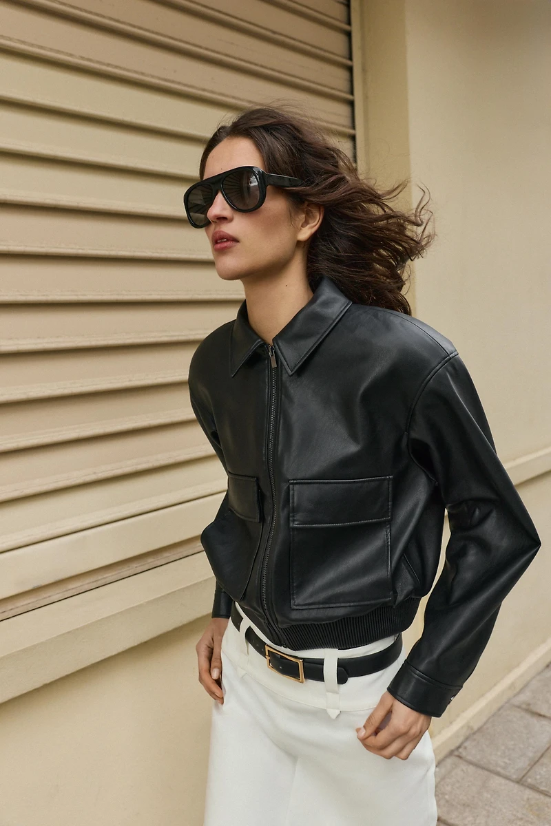 FAUX LEATHER BOMBER JACKET WITH SHOULDER PADS