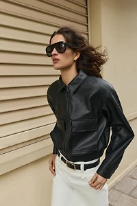 FAUX LEATHER BOMBER JACKET WITH SHOULDER PADS