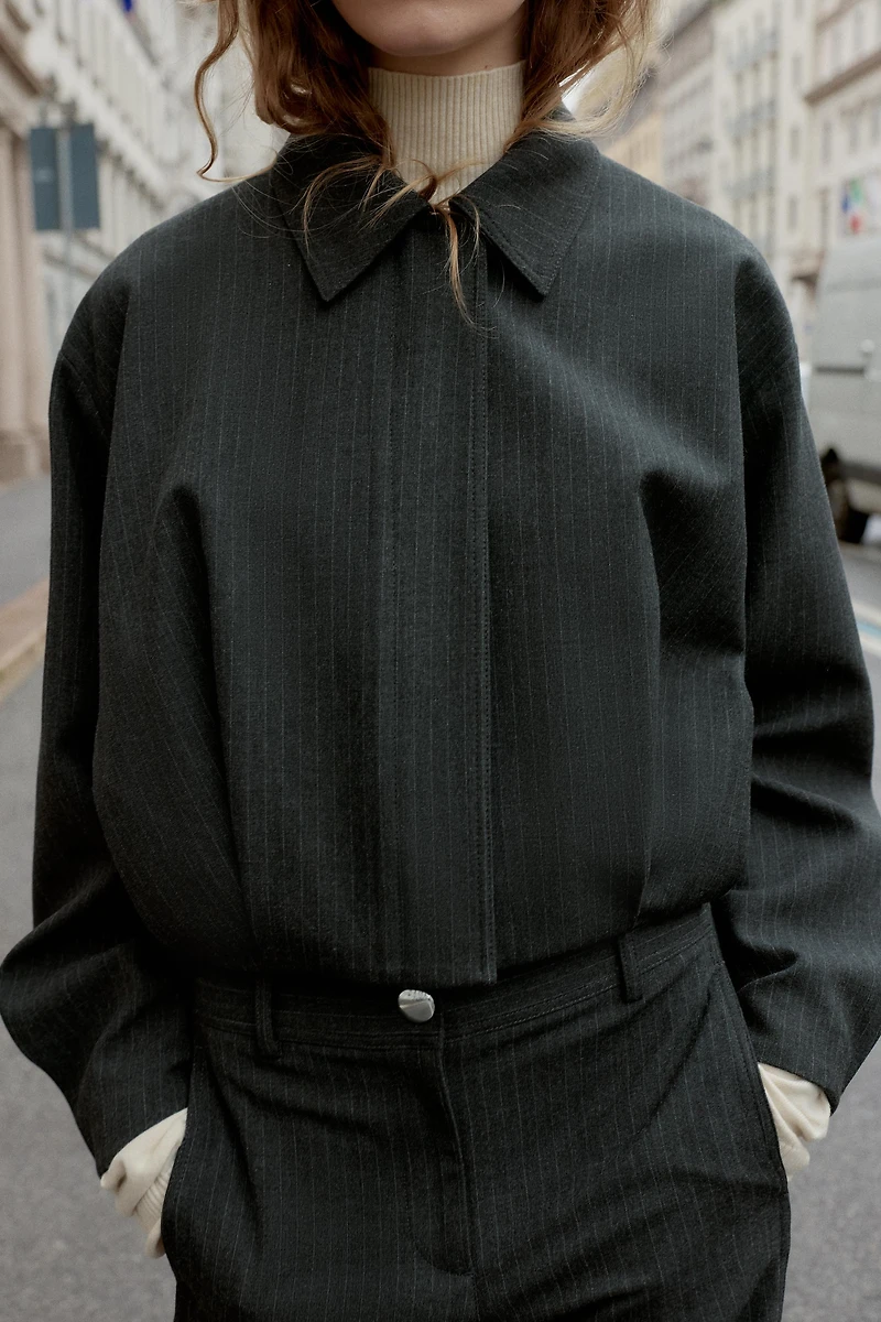 CROPPED PINSTRIPE BALLOON BOMBER JACKET