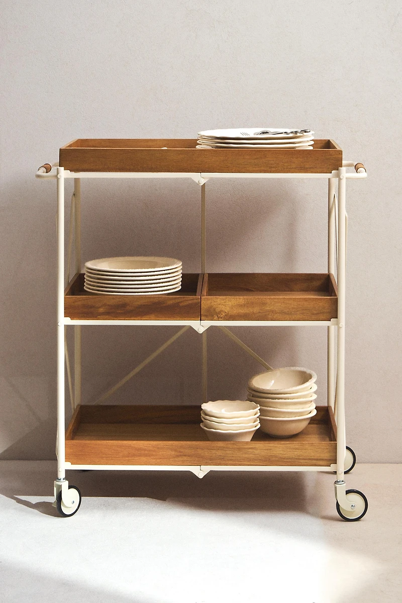 FOLDING METAL AND WOOD SERVING CART