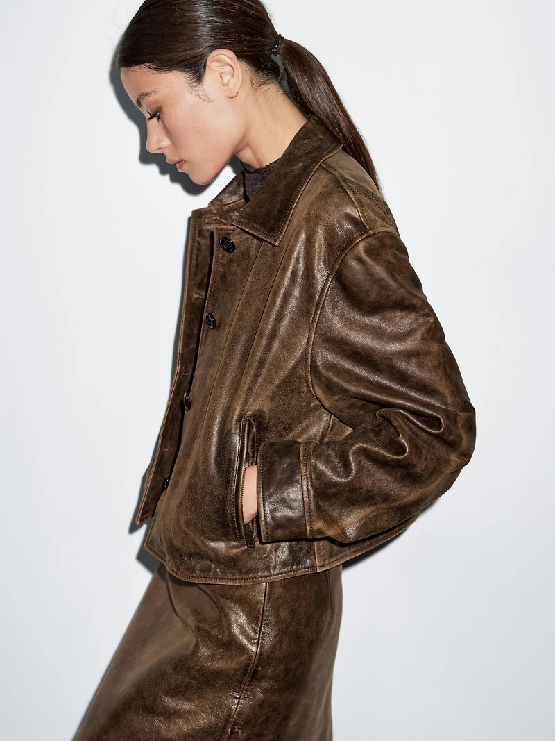 Distressed effect nappa leather cropped jacket