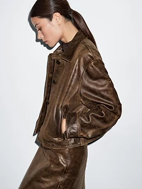 Distressed effect nappa leather cropped jacket