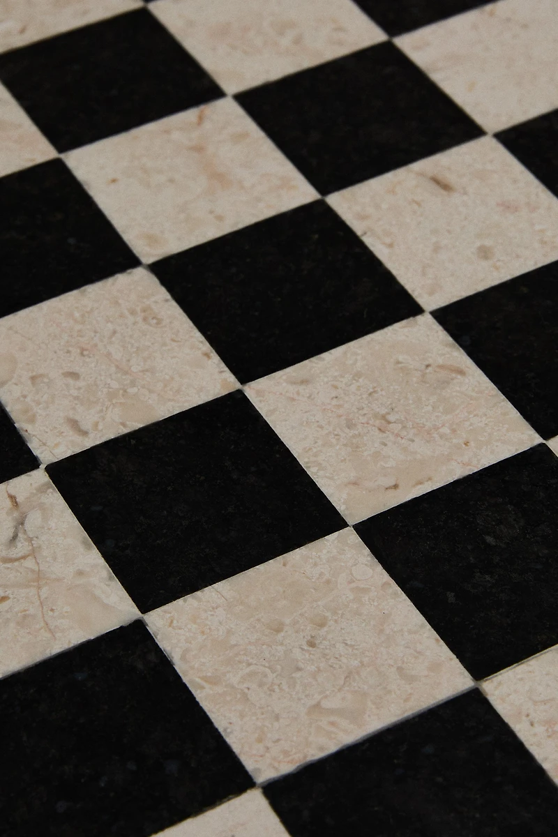 TEAK SIDE TABLE WITH MARBLE CHESS TOP