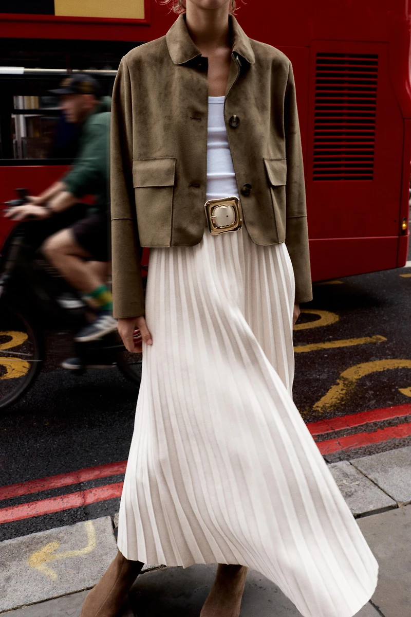 BELTED FAUX SUEDE EFFECT PLEATED MIDI SKIRT