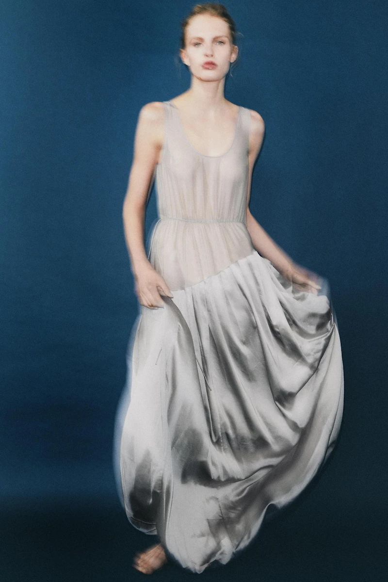 CONTRASTING VOLUMINOUS DRAPED MAXI DRESS