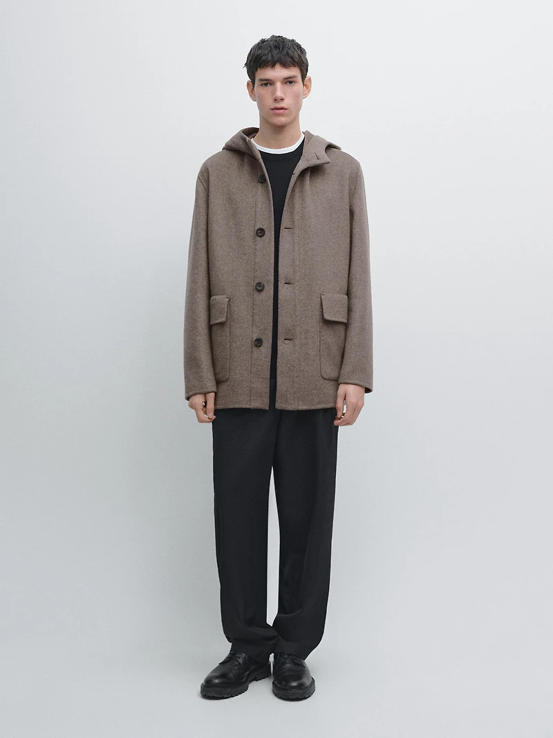 Short wool blend coat with hood