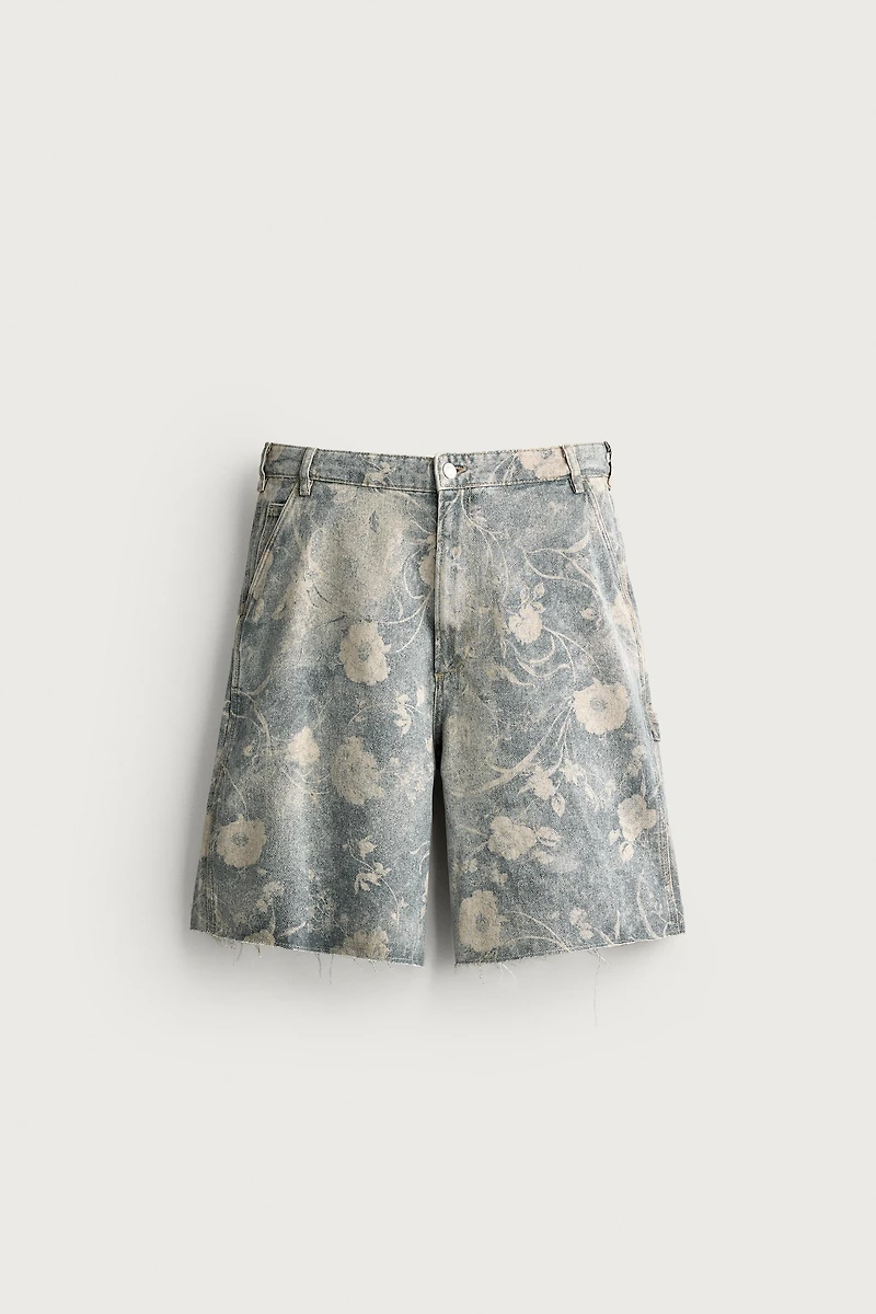 WASHED FLORAL PRINT RELAXED FIT SHORTS