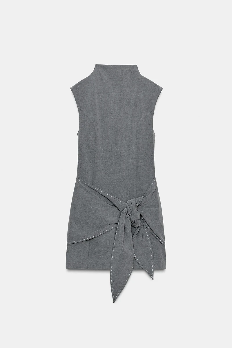 SHORT DRESS WITH TIE AND TOPSTITCHING