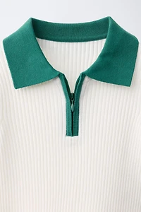 CONTRAST ZIP RIBBED POLO