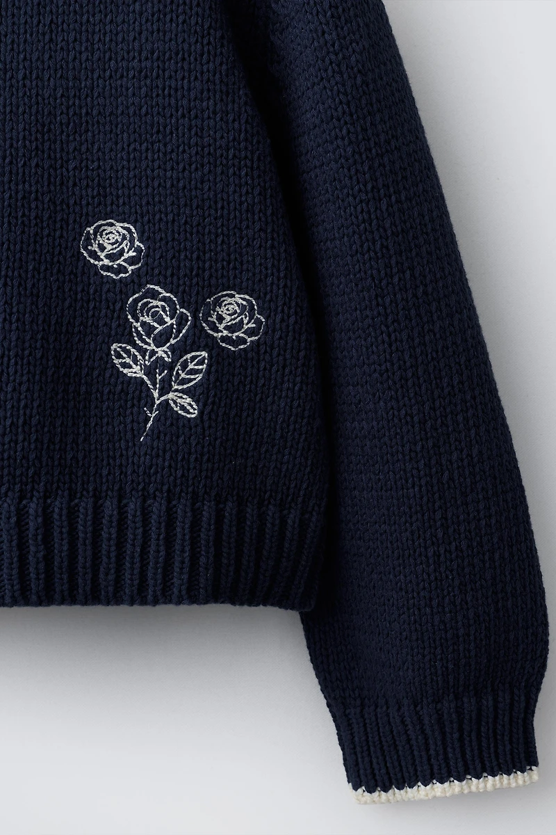 EMBROIDERED FLORAL PETER PAN COLLAR KNIT SWEATER
