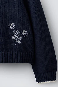 EMBROIDERED FLORAL PETER PAN COLLAR KNIT SWEATER