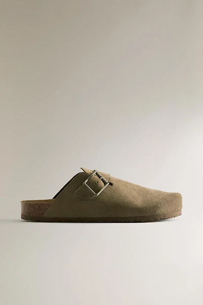 LEATHER MULE CLOG SLIPPERS WITH BUCKLE AND TOPSTITCHING DETAIL