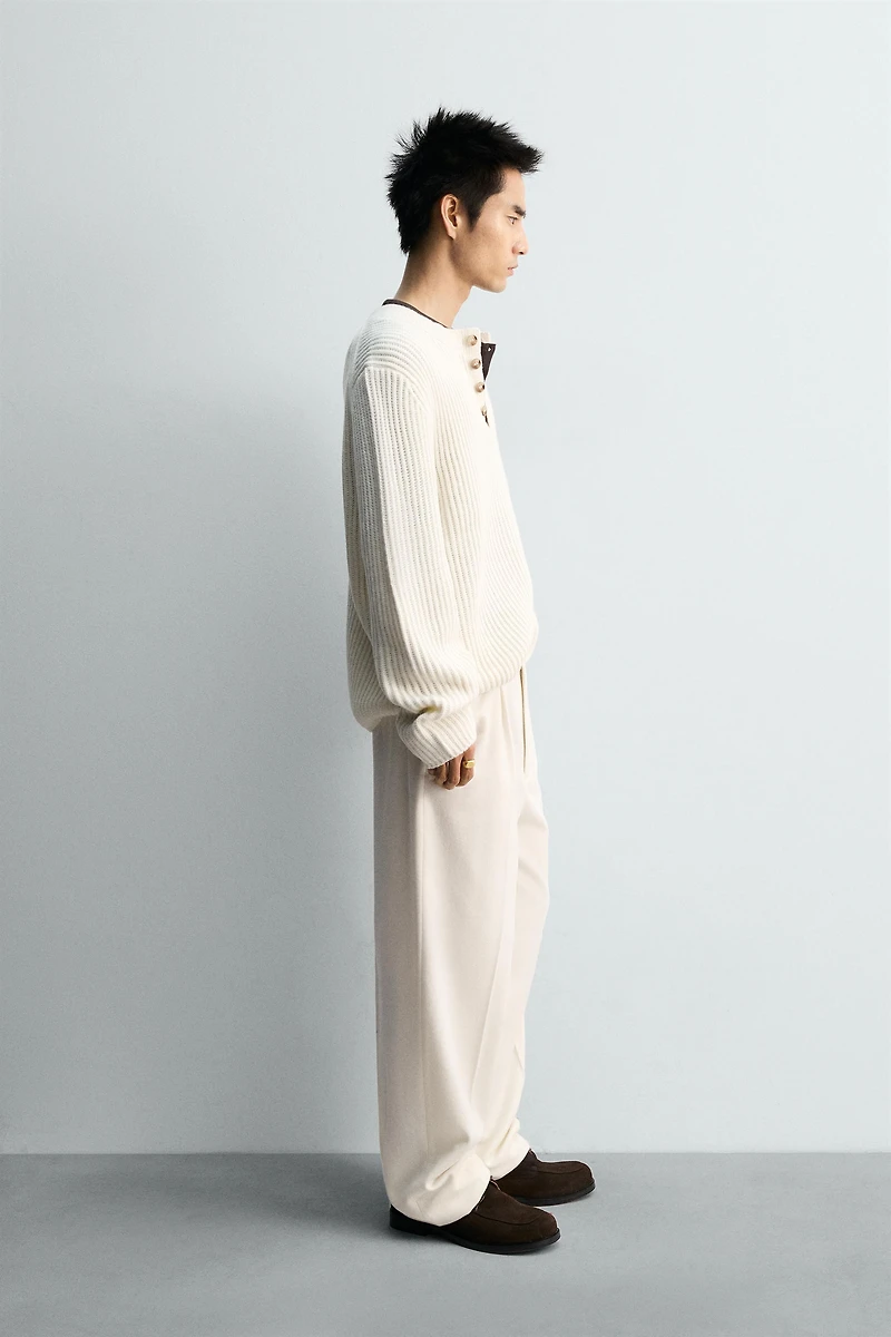 TEXTURED WEAVE HENLEY NECK SWEATER