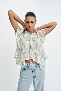 EMBROIDERED PLAID LACE INSERT TOP