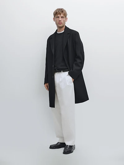 Wool blend long coat with lapel collar