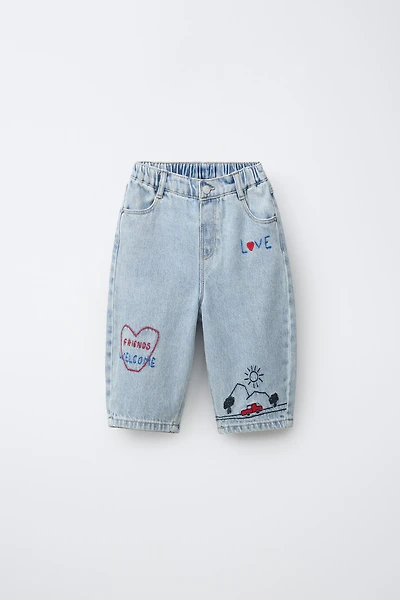 HEART EMBROIDERED BAGGY JEANS