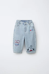 HEART EMBROIDERED BAGGY JEANS
